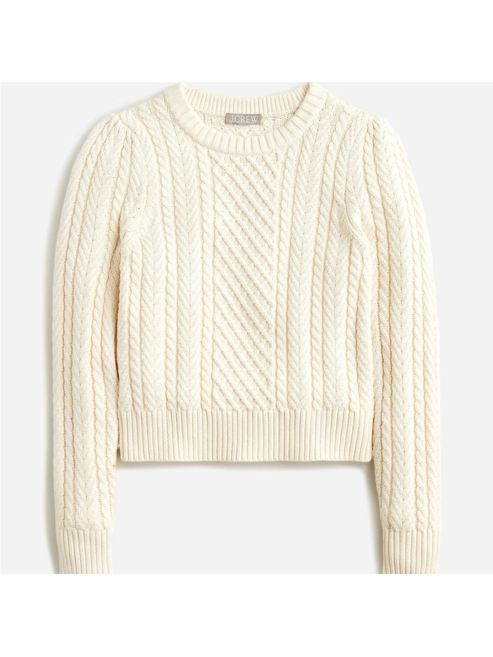 J CREW Cable-knit puff-sleeve crewneck sweater in Natural